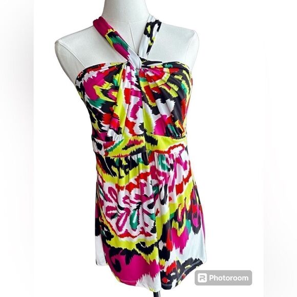 INC Halter Cross Front & Back Bright Multi Color Top Size Medium SOFT - Picture 1 of 8